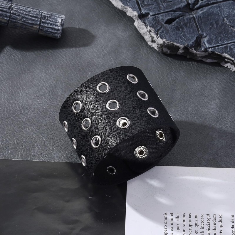 JAZTAKU Punk Rock Black Bracelet Leather Cuff Bangle for Men
