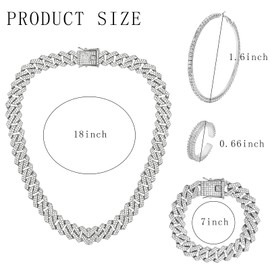 NEWITIN 7 Pieces Silver Jewelry Set for Women Dainty Cubic Zirconia Cuban Link Chain Necklace Bracelet Ring Sparkly Crystal Earrings Cuban Jewelry Set for Women Men