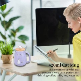 Strnek Taza de cerámica, Taza de cerámica de Gato Encantador con Cuchara y Tapa Café Agua Leche Taza de té para Drinkware Regalo Domitorio Oficina Uso en el hogar(02)