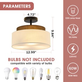 Qgiytp 13" Double Drum 3-Light Semi Flush Mount Ceiling Light Fixture Farmhouse Fabric Chandelier with Linen Shade Rustic Black Ceiling Lamp for Bedroom Kitchen Dining Room Hallway Entryway