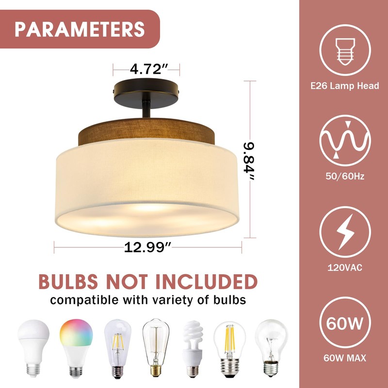 Qgiytp 13" Double Drum 3-Light Semi Flush Mount Ceiling Light