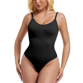 ONEW Shapewear Women's Body Shaper Tummy Control Bodice Body Shaping String Body Waist Trainer Shaping Thong Bodysuit Top, #1 Black/Thong
