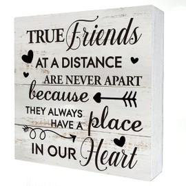 True Friends at a Distance are Never Apart Wooden Box Sign Desk Decor Rustic Friend Wood Block Plaque Box Sign for Home Living Room Office Shelf Table Decoration (5 X 5 Inch)