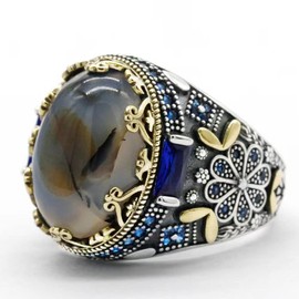 Dinuo S925 pure silver ring embedded elliptic natural agate rock male ring Turkey antique silver jewellery for daily wear Size9