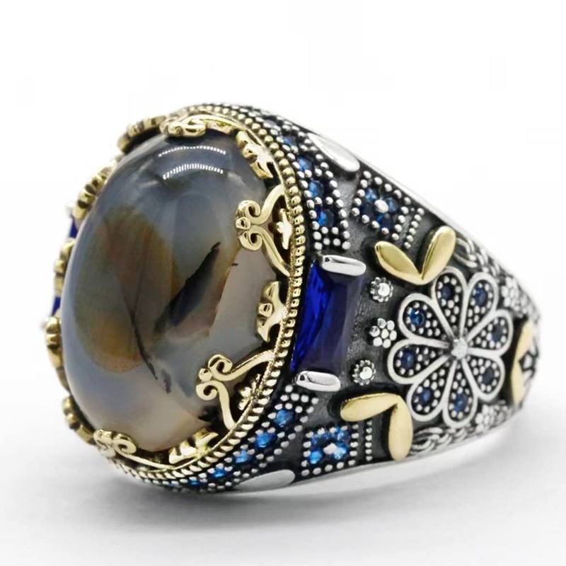 Dinuo S925 pure silver ring embedded elliptic natural agate rock