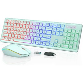 Wireless Keyboard and Mouse Combo - RGB Backlit, Rechargeable & Light Up Letters, Full-Size, Ergonomic Tilt Angle, Sleep Mode, 2.4GHz Quiet Keyboard Mouse for Mac, Windows, Laptop, PC, Mint Green
