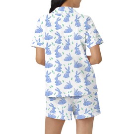 Women Easter Pajamas Set Cute Bunny Button Down Shirt and Shorts 2 Piece Pj Set Y2K Easter Outfits (Blue, S)
