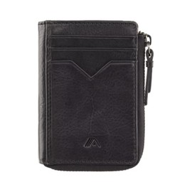A-SLIM Compact Leather Card Holder Wallet with 2 Sided Zip + RFID Protection IRO (Black)