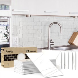 Alwayspon 24Pcs 3x6inch Peel and Stick Backsplash PE Tile, White Marble Effect Subway Wall Sticker Self-Adhesive Brick Sticker Stick on Tiles for Kitchen Bathroom
