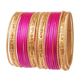 Touchstone New Indian Bollywood Colorful 2 Dozen Bangle Collection Golden Glitters Textured Fuchsia Color Large Size Designer Jewelry Special Bangle Bracelets Set of 24 in Gold Tone for Women.