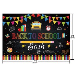 AIBIIN 7x5ft Back to School Bash Backdrop Chalkboard Welcome Back to School Background for Photography Bus Books and Colored Pencils Flags Decorations Banner
