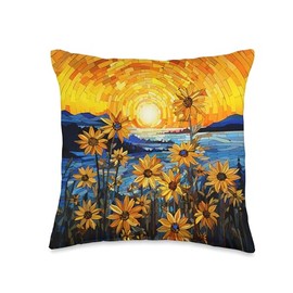 Beautiful Black Eyed Susan Lover Matching Art Amazing Black Eyed Susan Mosaic Art Sunset Background Throw Pillow, 16x16, Multicolor