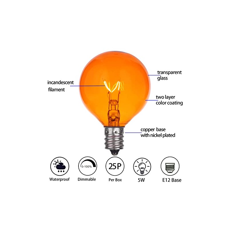 MAINDECO 25 Pack G40 Replacement Bulbs,120V 5W Incandescent,E12 Base,for Indoor