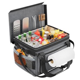 DSVENROLY Large Grill Caddy with Lid, BBQ Caddy Foldable with Paper Towel Holder For Outdoor Picnic Camp Kitchen Accessory Storage, Ideal for Grill Enthusiast Easy Organizer Enhance Food Fresh, Black