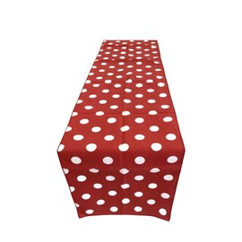 New Creations Fabric & Foam Inc, 12" Wide by 120" Long Poly Cotton Polka Dot Table Runner, White Dot on Red