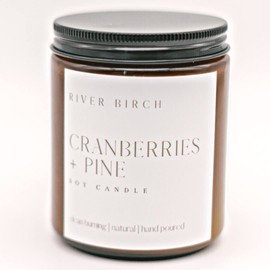 River Birch Candles Cranberries + Pine Scented Candle | Premium, All-Natural, Non-Toxic, Soy Amber Jar Candles | 8.5oz 40 Hr Burn Time | Cozy Relaxing Gifts for Home