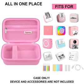 Supmay Hard Travel Case for T02 Mini Printer Sticker Printer, Wireless Mini Sticker Printer Machine Storage Holder Protection Case with Zipper Mesh Pocket fit Thermal Paper, Charging Cable, Pink