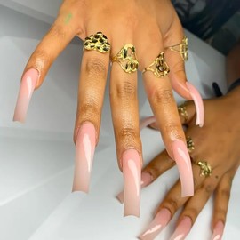 Extra Long Press on Nails Curve Shaped Fake Nails Nude Pink Acrylic Nails Press on Solid Color False Nails Glossy Stick on Nails Natural Full Cover Glue on Nails Holiday for Women Girls 24Pcs