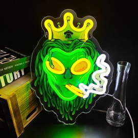 Green Alien Neon Signs LED Lights Crown Smoking Alien Neon Lights LED Signs USB Dimmable Crown Alien LED Neon Lights Signs for Bedroom Game Room Man Cave Bar Party Decor Teens Kids Birthday Gift