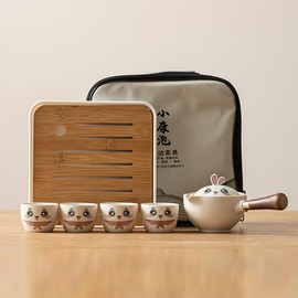 Scizorito Ceramic Portable Travel Tea Set, Chinese Kungfu Tea Set with 360 Rotation Teapot and Infuser, 4 Tea Cups, Tea Tray And Travel Bag (Lovely Rabbit)