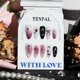 TENPAL Hot Pink Nails Handmade Press On Nails Almond Glitter Gradient Fake Nails Press ons Acrylic Y2k False Nails With Star Bow Tie Designs Metallic Artificial Nails 10pcs/Box Ballet Glue on Nails(L)