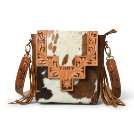 ADYAN Western Genuine Leather Floral Tooled Fringe Womens Crossbody Bag - Leather Cross Body Western Bag with Leather Strap for Women