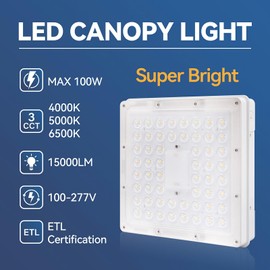 LED Canopy Light 100W 15000LM, 40/60/80/100W Selectable Wattage, 3CCT 4000/5000/6500K, LED Canopy Lights Outdoor, Gas Station Carport Ceiling Light for Garage Shop, 0-10V Dim 100-277VAC, ETL Listed