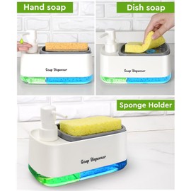 LINZOM Hand and Dish Soap Dispenser Set for Kitchen Dual Soap Dispenser with Sponge Holder 3-in-1 Countertop Soap Pump Dispenser for Kitchen Sink, White