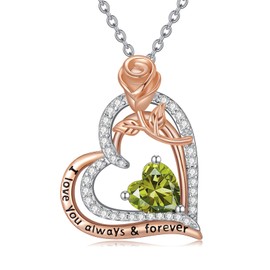 MEIDERBO Rose Birthstone Necklace for Women 925 Sterling Silver Heart August Birthstone Pendant Necklaces I Love You Always and Forever Necklace Jewelry Gifts for Women Wife Her Mom