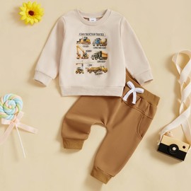 Vioyavo Baby Boy Clothes Sets Construction Print Toddler Outfits Long Sleeve Sweatshirt Long Pants Infant Jumper casual tracksuit 2 Pcs Set (Khaki, 12-18 Months)
