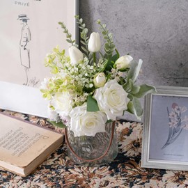 KIRIFLY Fake Artificial Flowers in Vase Faux Rose Silk Tulip Flower Centerpieces Décor for Wedding Table Decoration(White in Glass)