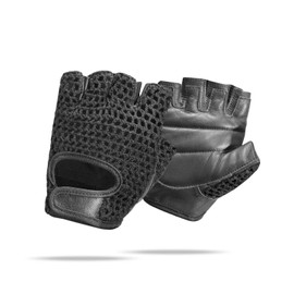 Prime Sports Leather Crochet Fingerless Driving Weight Training Cycling Wheelchair Biker Gloves (Black 1037, Medium)