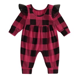 BemeyourBBs Newborn Infant Baby Girl Romper Ruffle Long Sleeve Plaid Jumpsuit Cute One Piece Outfit Fall Winter Clothes (Buffalo Plaid Red, 12-18 Months)