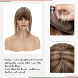 S-noilite Hair Toppers for Women Real Human Hair Topper with Bangs 100% Remy Human Hair Toppers Wigs Clips in Hair Pieces for Thinning Hair/Hair Loss(6 Inch,Medium Brown&Dark Blonde)