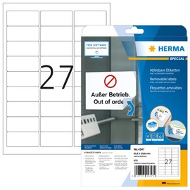 HERMA 4347 63.5x29.6mm Movables Colour Laser Paper Rectangular Removable Labels with Round Corners - Matte White (675 Labels, 27 per Sheet)