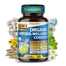VEGATOT Organic Cortisol Wellness Complex 15-in-1 Formula with Magnesium Ashwagandha St. John's Wort Valerian Rhodiola Rosea Passionflower Chamomile