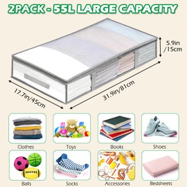 Wonninek 2 Pack 55L Under Bed Storage Containers Bins, Sturdy Closet Organizers and Storage Bins with Handles, Humid-Proof Foldable Underbed Storage Bags, Under Bed Storage for Clothes, Shoes