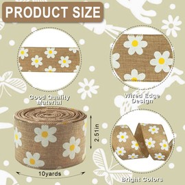 Flowers Fabric Ribbons 10 Yards, Brown Daisy Flower Decor Ribbons Burlap Edge Wrapped Ribbon for Easter Gift Wrapping Home Party Decoration Tree Crafts Supplies - 2.5 Inch x 10 Yards x 1 Roll