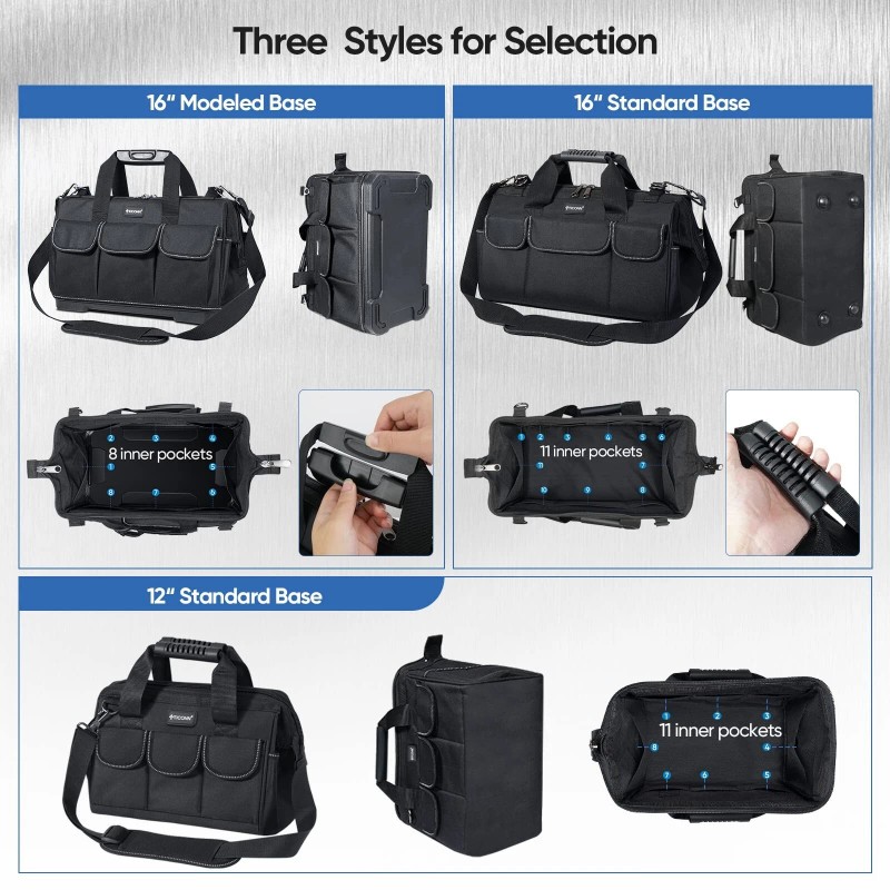 TICONN 16in Tool Bag with Waterproof Soft Bottom, Multi-Pockets Wide