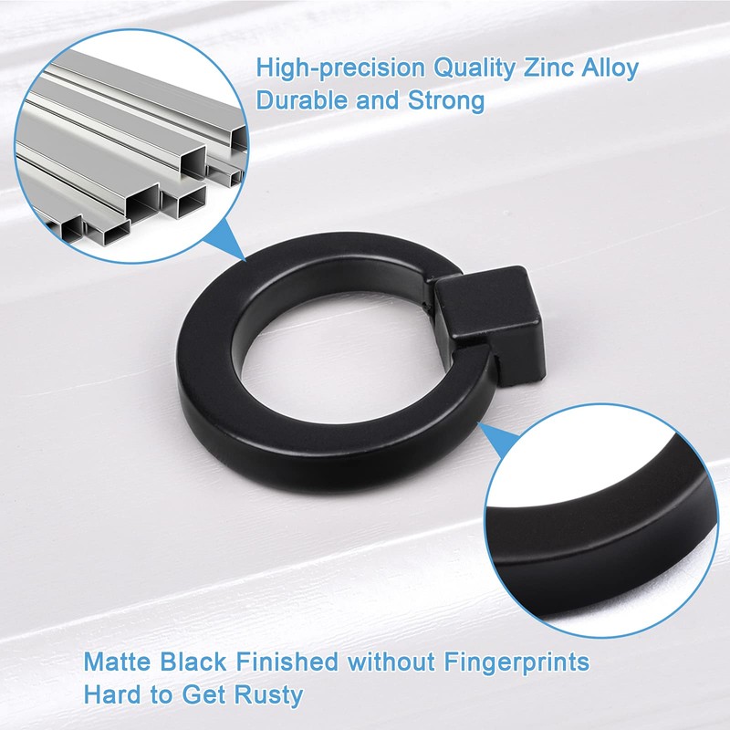 WEAVERBIRD Cabinet Knobs Flat Black Round Zinc Alloy Ring Pull