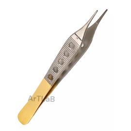 Avon Surgical 4.75in Adson Micro Dressing Forceps, Serrated, Straight w/ Handle Holes - Gold