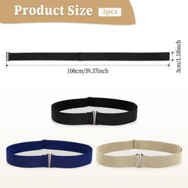 3 PCS Adjustable Women's Stretch Belt Women Invisible Belts Elastic Belt With Flat Buckle No Buckle Belt for Shirts Lazy Traceless Belt Use for Jeans Pants Dresses(Dark Blue，Black, Khaki)