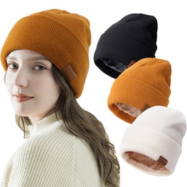 DRESHOW Beanie Hat for Men and Women, Warm Winter Hat with Soft Satin Lined, Unisex, Stretchy Hat with Cuffs, Knitted Hat, 3 x satin lined hats: white/caramel/black