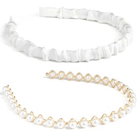 Isslly 2pcs White Pearl Headbands for Women, Cute Thin Pearl Head Bands, Non-Slip Fashion Hair Accessories for Thin Thick Curly Straight Long Short Hair