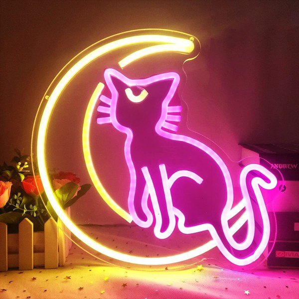 Cat Neon Sign Cartoon Moon Neon Sign Dimmable LED Neon Light Art Wall Decor Light for Girls Room Game Room Birthday Gift Christmas Present Pink Warm White