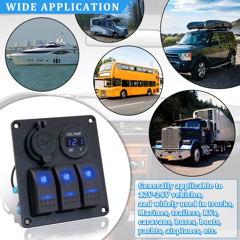 3 Gang Switch Panel, EilxMag Blue Marine Rocker Switch Panel