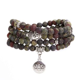 Bivei 108 Mala Beads Bracelet - Genuine Gemstone Mala Prayer Beads Lotus Charm Meditation Necklace (Bloodstone)