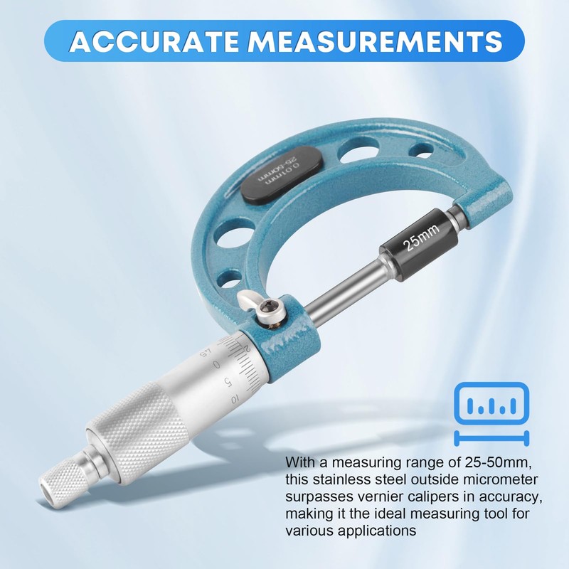 Outside Micrometer, 25-50mm External Micrometer Stainless Steel High Accuracy Thickness