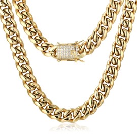 Hip Hop Miami Cuban Link Chain for Men Women 14k Real Gold Plated Chain for Men Solid Stainless Steel Necklace Jewelry 10mm/12mm/14mm ,18 -32 Inches