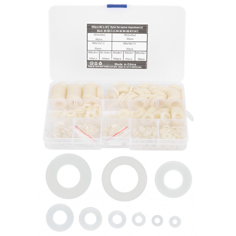 600Pcs Flat Washer 9 Sizes White Nylon Gasket Assortment Kit